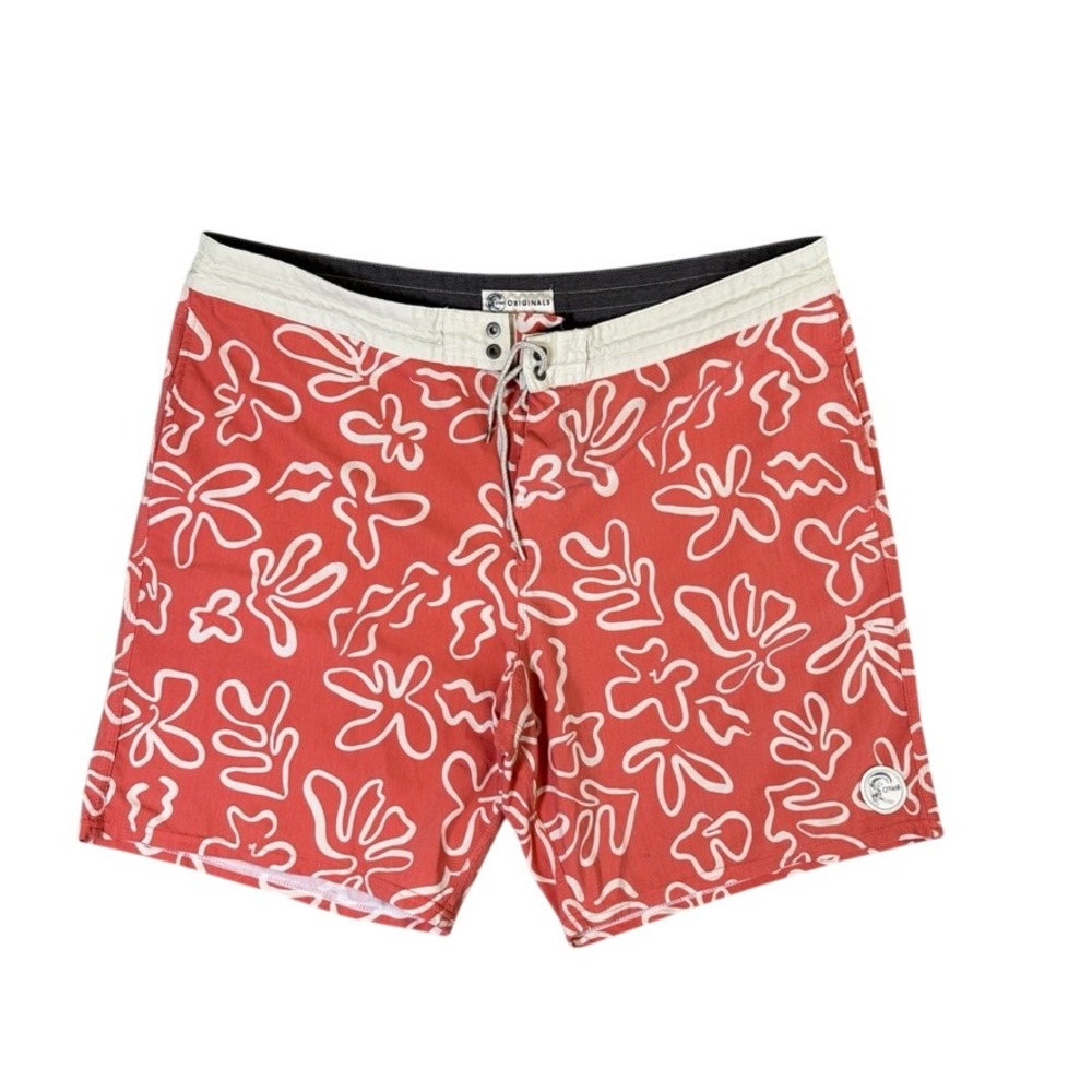 O'Neill Originals Mens Board Shorts Size 40 Coral Red Abstract Print Swim Trunks
